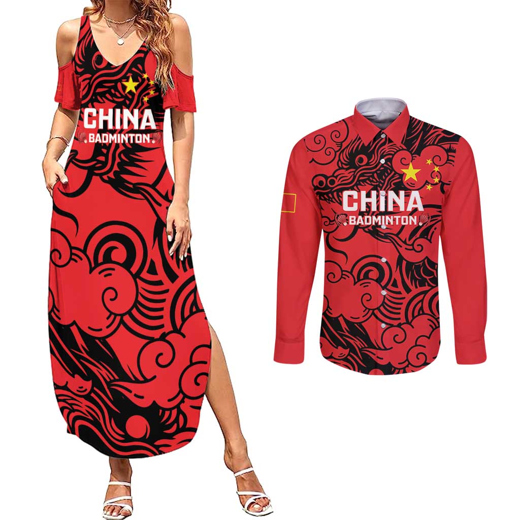 Personalised China Badminton Couples Matching Summer Maxi Dress and Long Sleeve Button Shirt 2024 Chinese Dragon Version - Wonder Print Shop