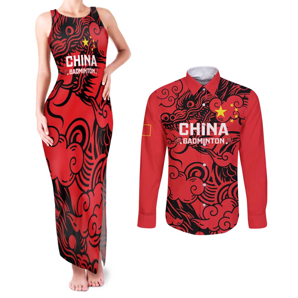 Personalised China Badminton Couples Matching Tank Maxi Dress and Long Sleeve Button Shirt 2024 Chinese Dragon Version - Wonder Print Shop