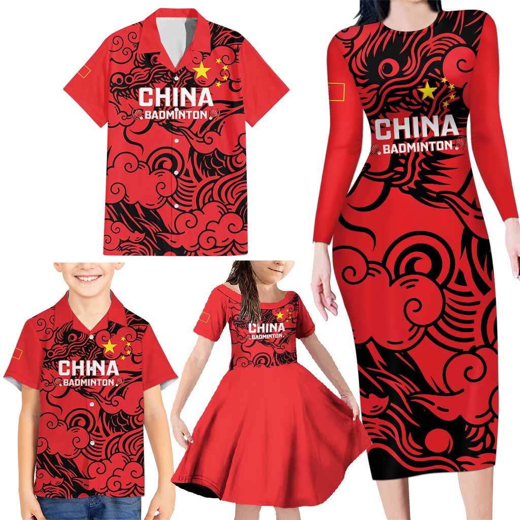 Personalised China Badminton Family Matching Long Sleeve Bodycon Dress and Hawaiian Shirt 2024 Chinese Dragon Version - Wonder Print Shop