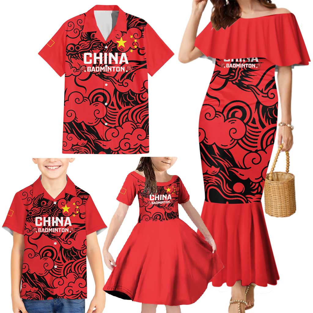 Personalised China Badminton Family Matching Mermaid Dress and Hawaiian Shirt 2024 Chinese Dragon Version - Wonder Print Shop