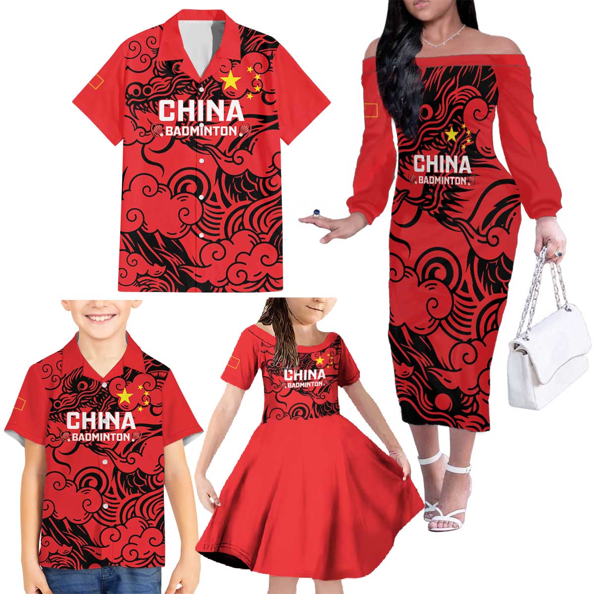 Personalised China Badminton Family Matching Off The Shoulder Long Sleeve Dress and Hawaiian Shirt 2024 Chinese Dragon Version - Wonder Print Shop