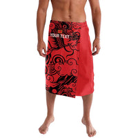 Red lavalava with large black dragon and cloud pattern, front view