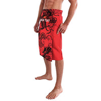 Red lavalava with black dragon graphic and YOUR TEXT print, side view
