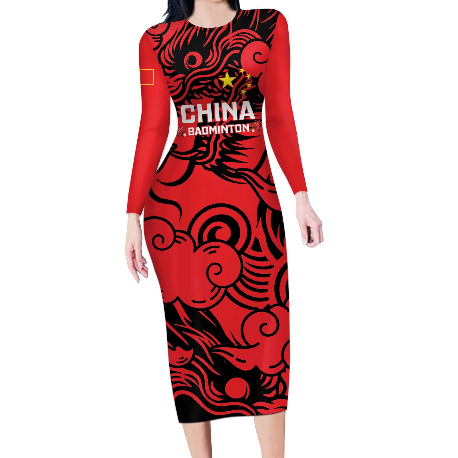 Personalised China Badminton Long Sleeve Bodycon Dress 2024 Chinese Dragon Version - Wonder Print Shop