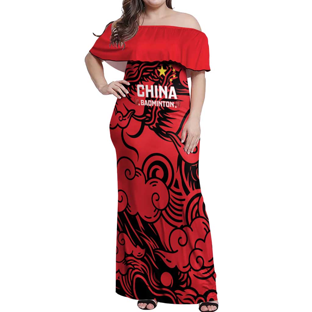 Personalised China Badminton Off Shoulder Maxi Dress 2024 Chinese Dragon Version - Wonder Print Shop