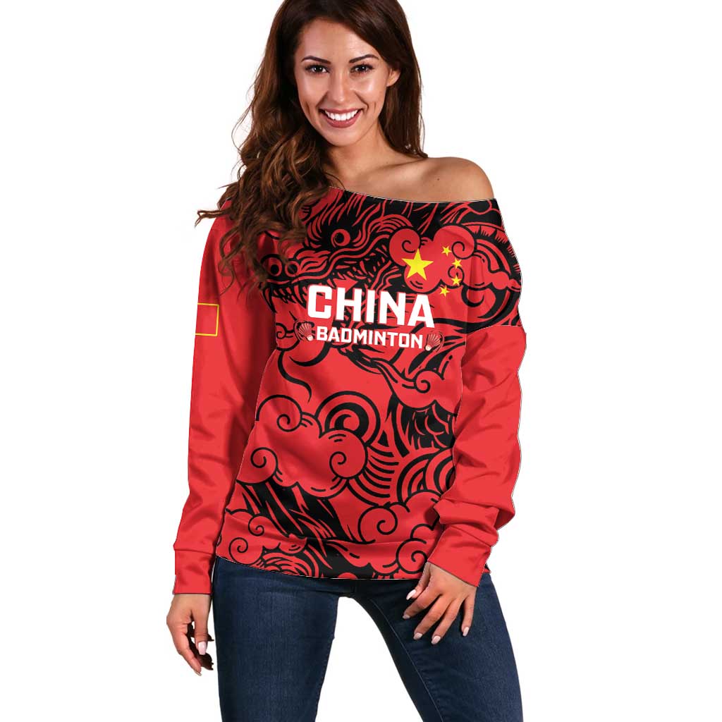 Personalised China Badminton Off Shoulder Sweater 2024 Chinese Dragon Version - Wonder Print Shop