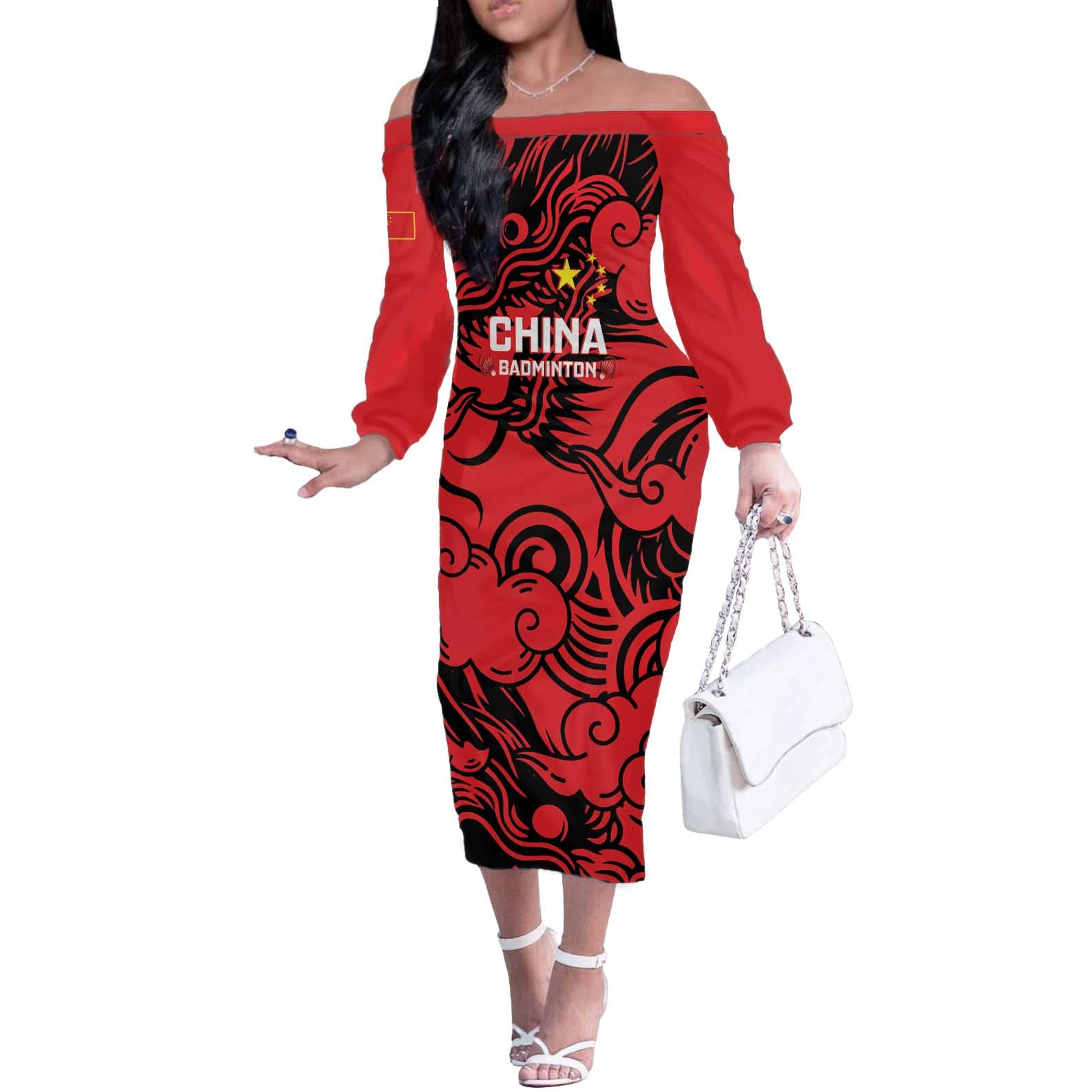 Personalised China Badminton Off The Shoulder Long Sleeve Dress 2024 Chinese Dragon Version - Wonder Print Shop