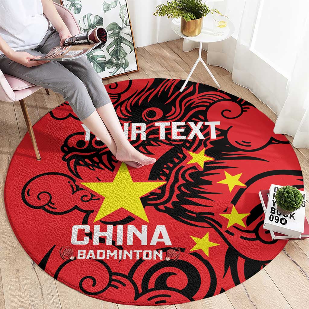 Round red dragon-themed rug with “CHINA BADMINTON” lettering and yellow stars
