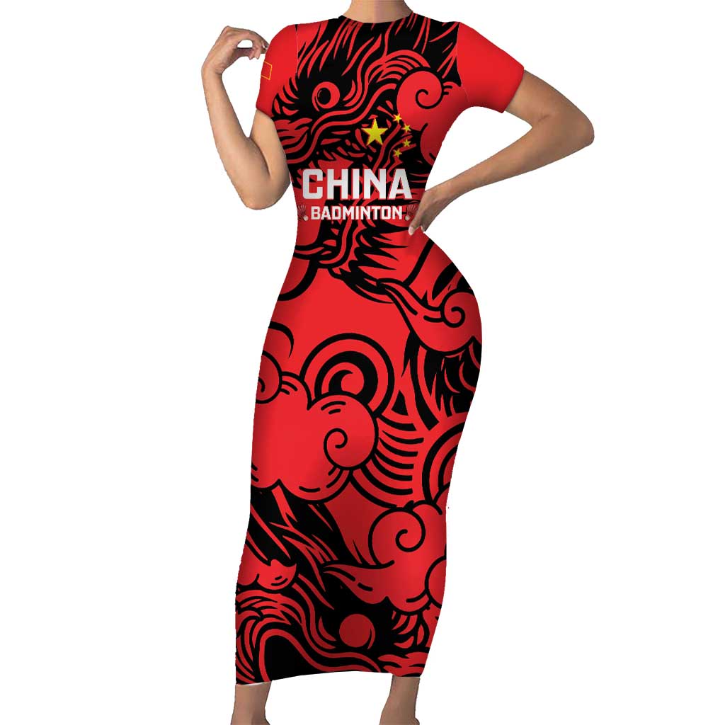 Personalised China Badminton Short Sleeve Bodycon Dress 2024 Chinese Dragon Version - Wonder Print Shop