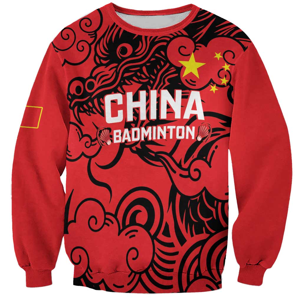 Red crewneck sweatshirt with bold dragon graphic and CHINA BADMINTON print on front