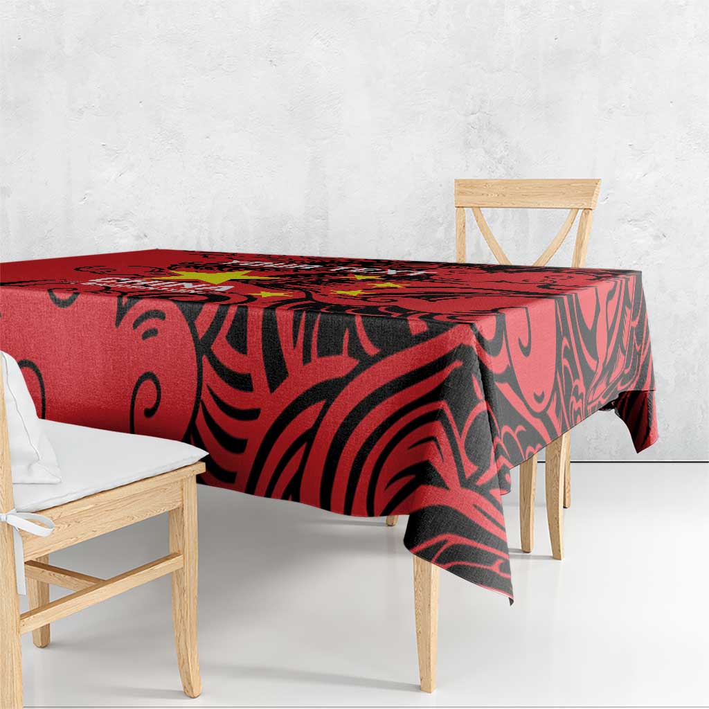 Red badminton tablecloth with bold dragon-style scroll pattern and decorative border