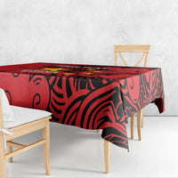 Red badminton tablecloth with bold dragon-style scroll pattern and decorative border