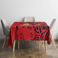 Red dragon-themed badminton tablecloth with black ornamental swirls and trim