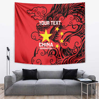 Red personalised badminton tapestry with black dragon pattern and star accents, with text area