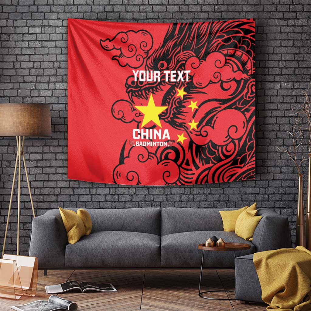 Red badminton tapestry with black Chinese dragon design, star motifs, and personalised text