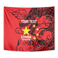 Red tapestry with black dragon pattern, gold star symbols, and central personalised text