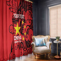 Red and black dragon window curtains with star accents and bold custom text