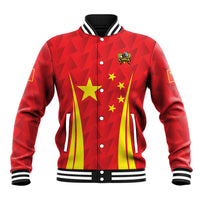 Red satin-style varsity jacket with snap buttons, black/white ribbed collar, China crest and stars