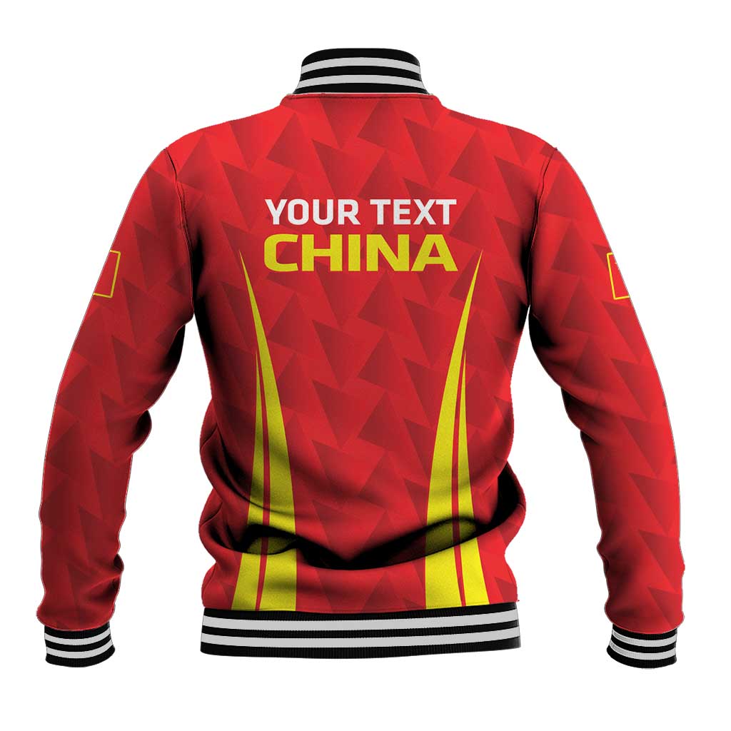 Red varsity baseball jacket back print with YOUR TEXT CHINA print, black/white ribbed hem and cuffs