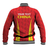 Red varsity baseball jacket back print with YOUR TEXT CHINA print, black/white ribbed hem and cuffs