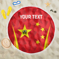 Personalised China badminton beach blanket, red round design with fringe and “YOUR TEXT”