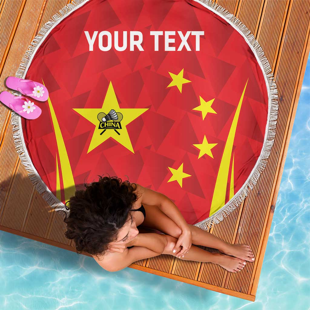 Personalised China badminton beach blanket, red circular design with fringe and “YOUR TEXT”