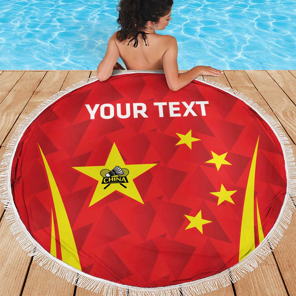 Personalised China badminton beach blanket, red round style with fringe and “YOUR TEXT”