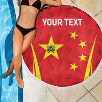 Personalised China badminton beach blanket, red circular design with fringe and “YOUR TEXT”