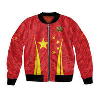 Red China-themed satin bomber jacket, full zip, ribbed collar and cuffs, front crest patch