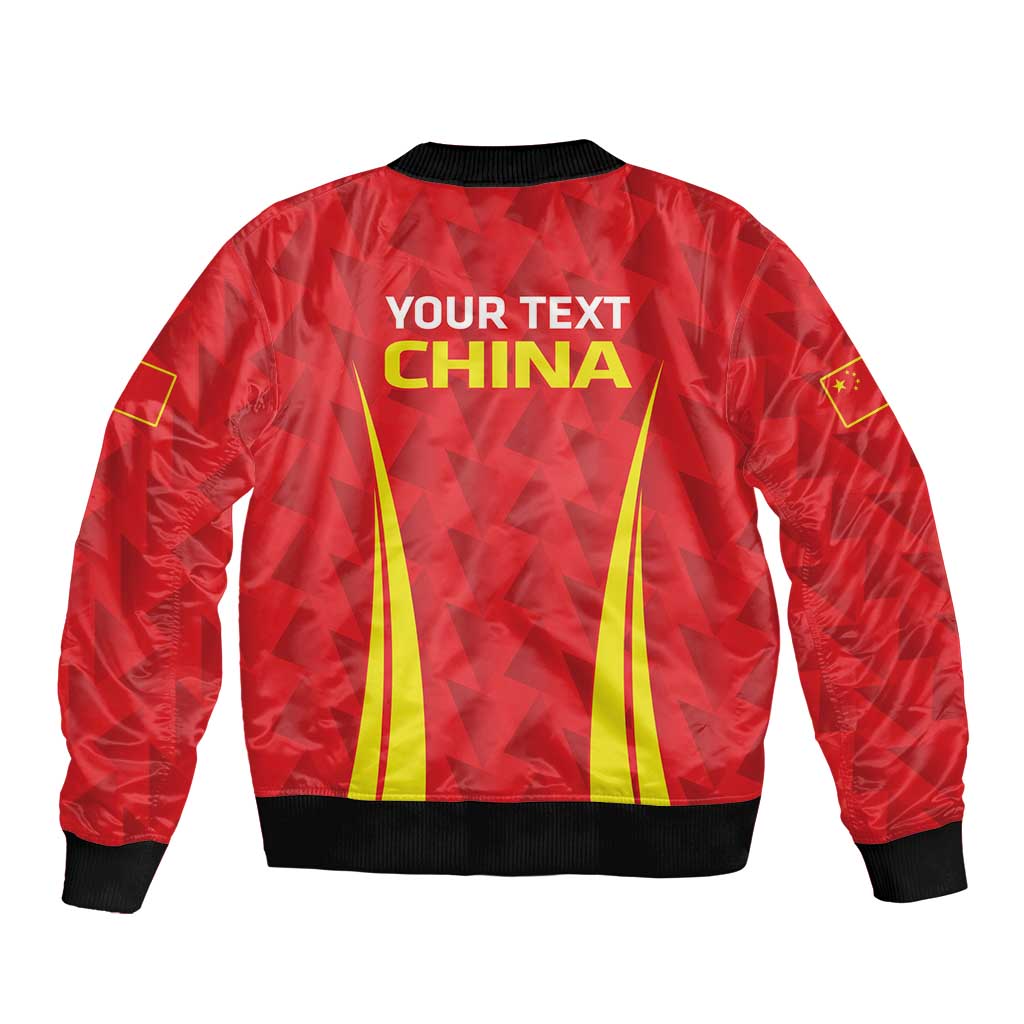 Red bomber jacket with back text 'YOUR TEXT CHINA' and yellow stripe graphic, ribbed hem