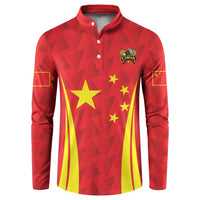 Red long-sleeve button polo with China crest, stars, and yellow stripe graphic