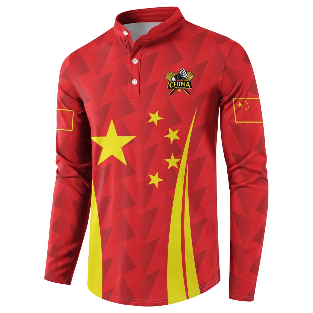 Red long-sleeve button polo with China crest, stars, and yellow stripe graphic, sleeve emblems