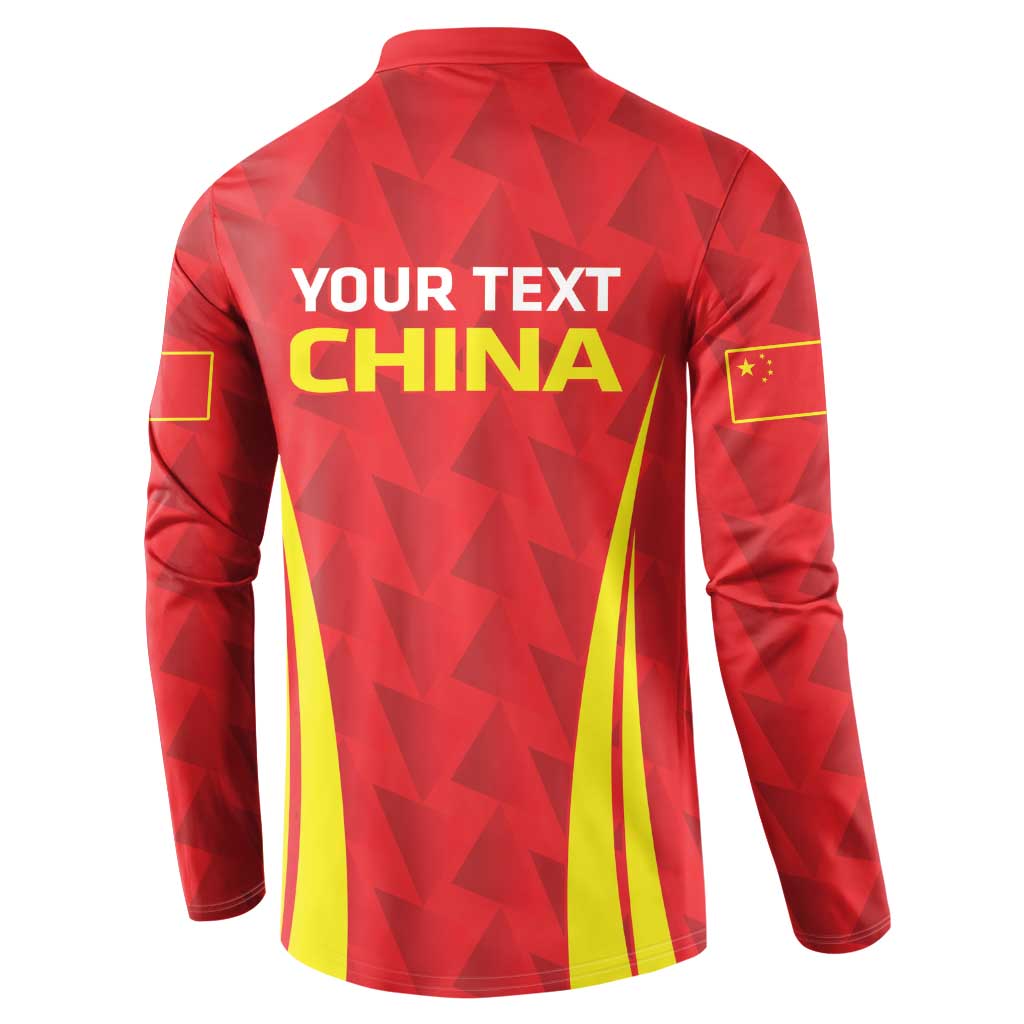 Red long-sleeve button polo back with 'YOUR TEXT' China text, stars, and yellow stripes