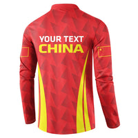 Red long-sleeve button polo back with 'YOUR TEXT' China text, stars, and yellow stripes