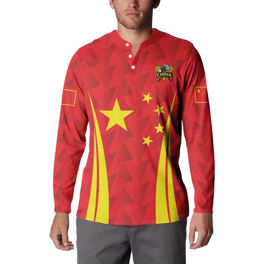 Red long-sleeve button polo with China crest, stars, and yellow stripe design