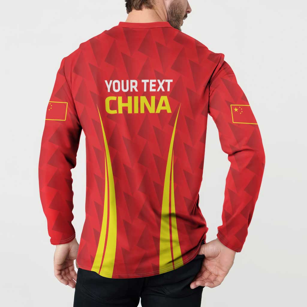 Red long-sleeve button polo back with 'YOUR TEXT' China lettering and yellow star stripes