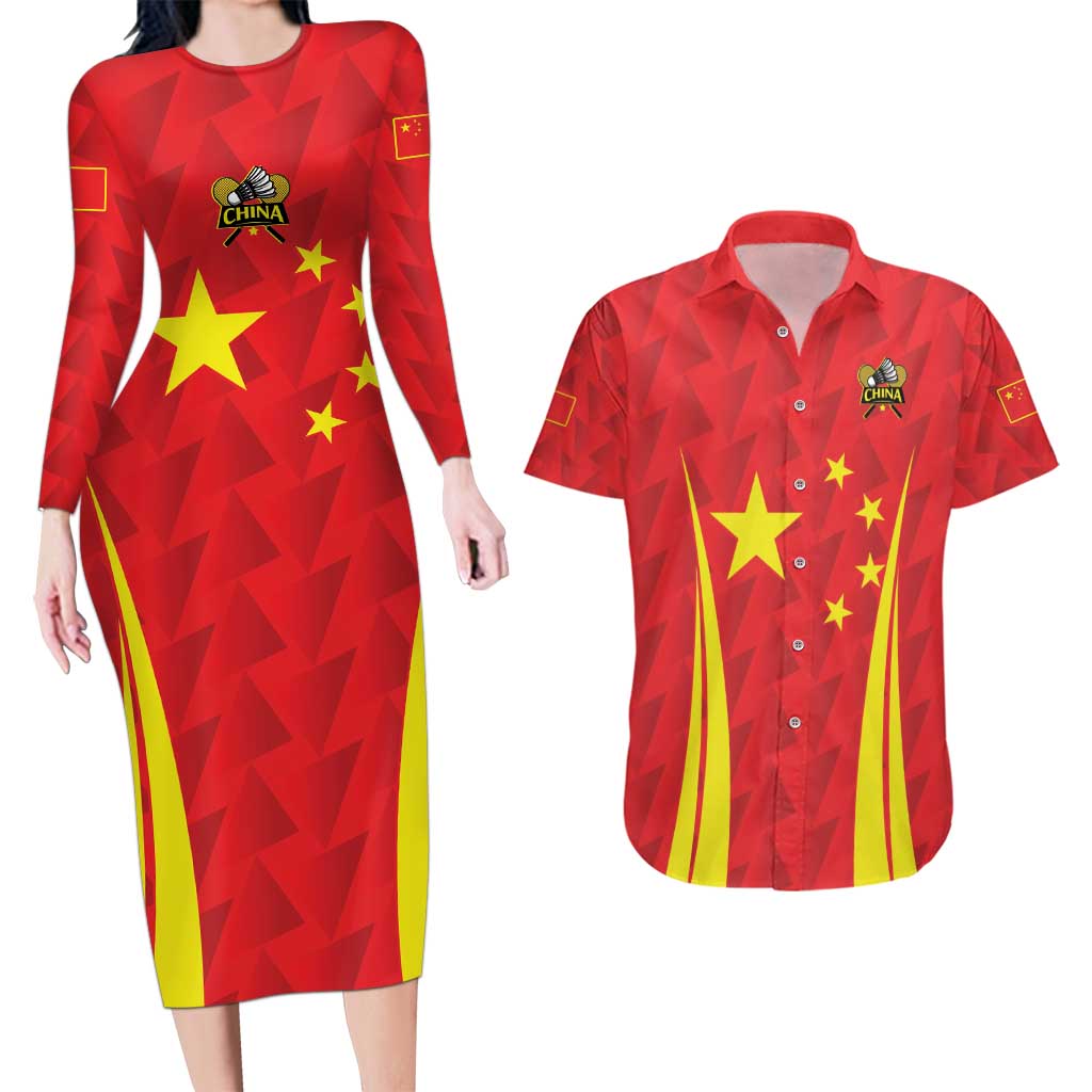 Personalised China Badminton Couples Matching Long Sleeve Bodycon Dress and Hawaiian Shirt 2024 Sporty Red Version - Wonder Print Shop