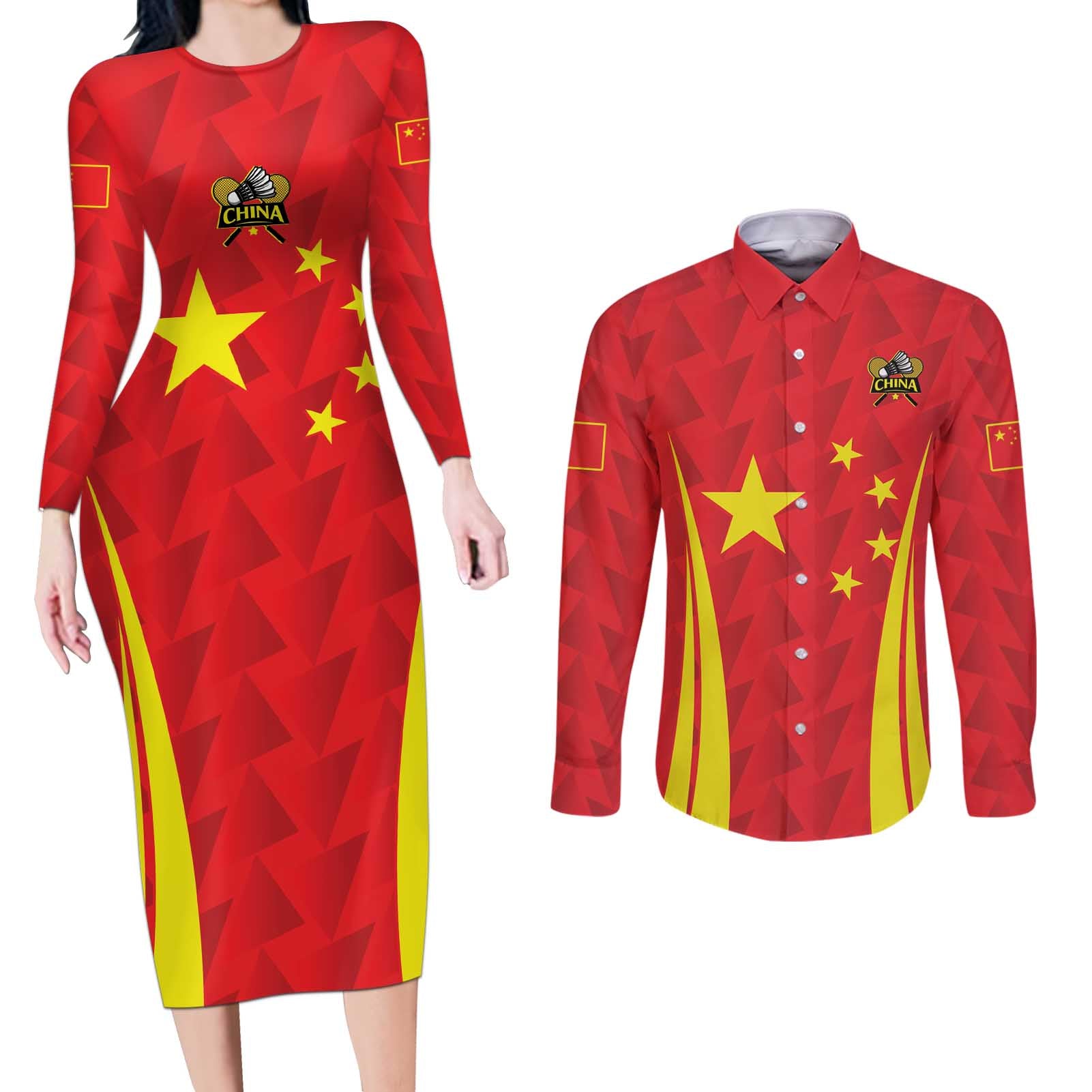 Personalised China Badminton Couples Matching Long Sleeve Bodycon Dress and Long Sleeve Button Shirt 2024 Sporty Red Version - Wonder Print Shop