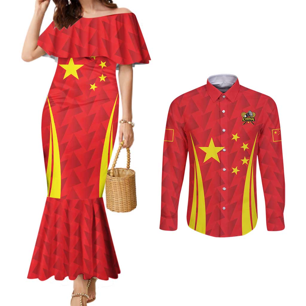 Personalised China Badminton Couples Matching Mermaid Dress and Long Sleeve Button Shirt 2024 Sporty Red Version