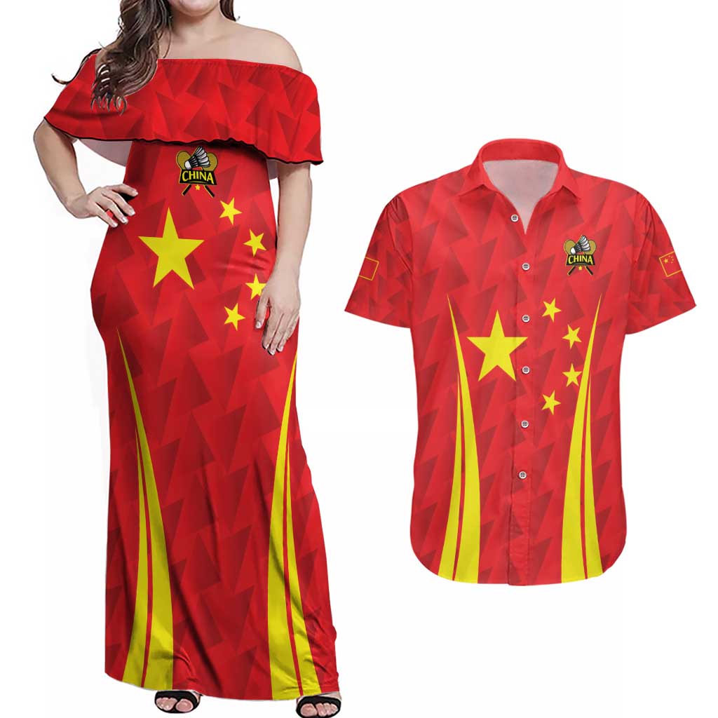 Personalised China Badminton Couples Matching Off Shoulder Maxi Dress and Hawaiian Shirt 2024 Sporty Red Version - Wonder Print Shop