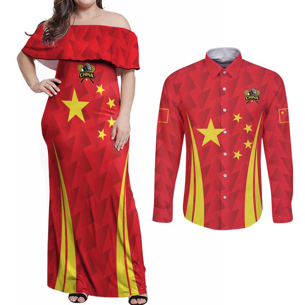 Personalised China Badminton Couples Matching Off Shoulder Maxi Dress and Long Sleeve Button Shirt 2024 Sporty Red Version - Wonder Print Shop