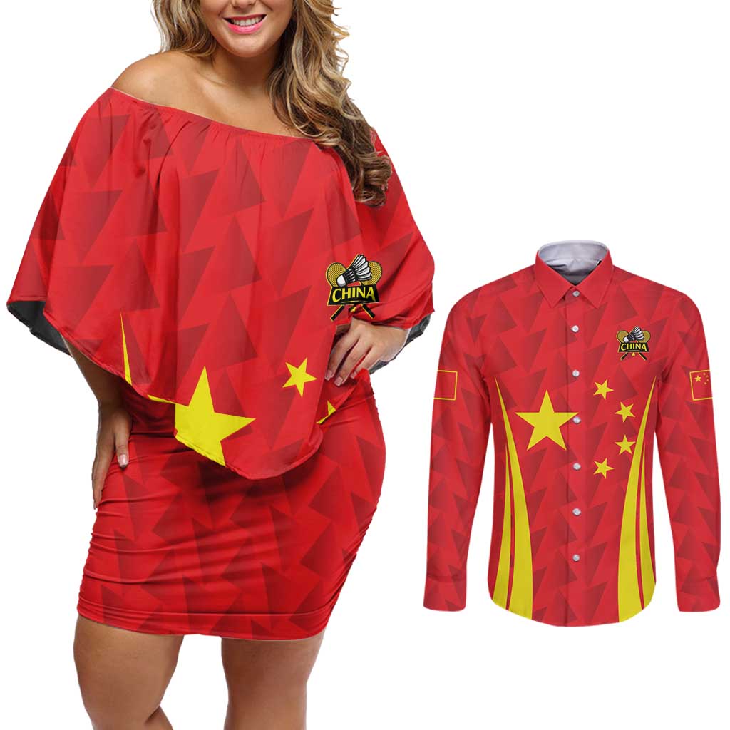 Personalised China Badminton Couples Matching Off Shoulder Short Dress and Long Sleeve Button Shirt 2024 Sporty Red Version - Wonder Print Shop