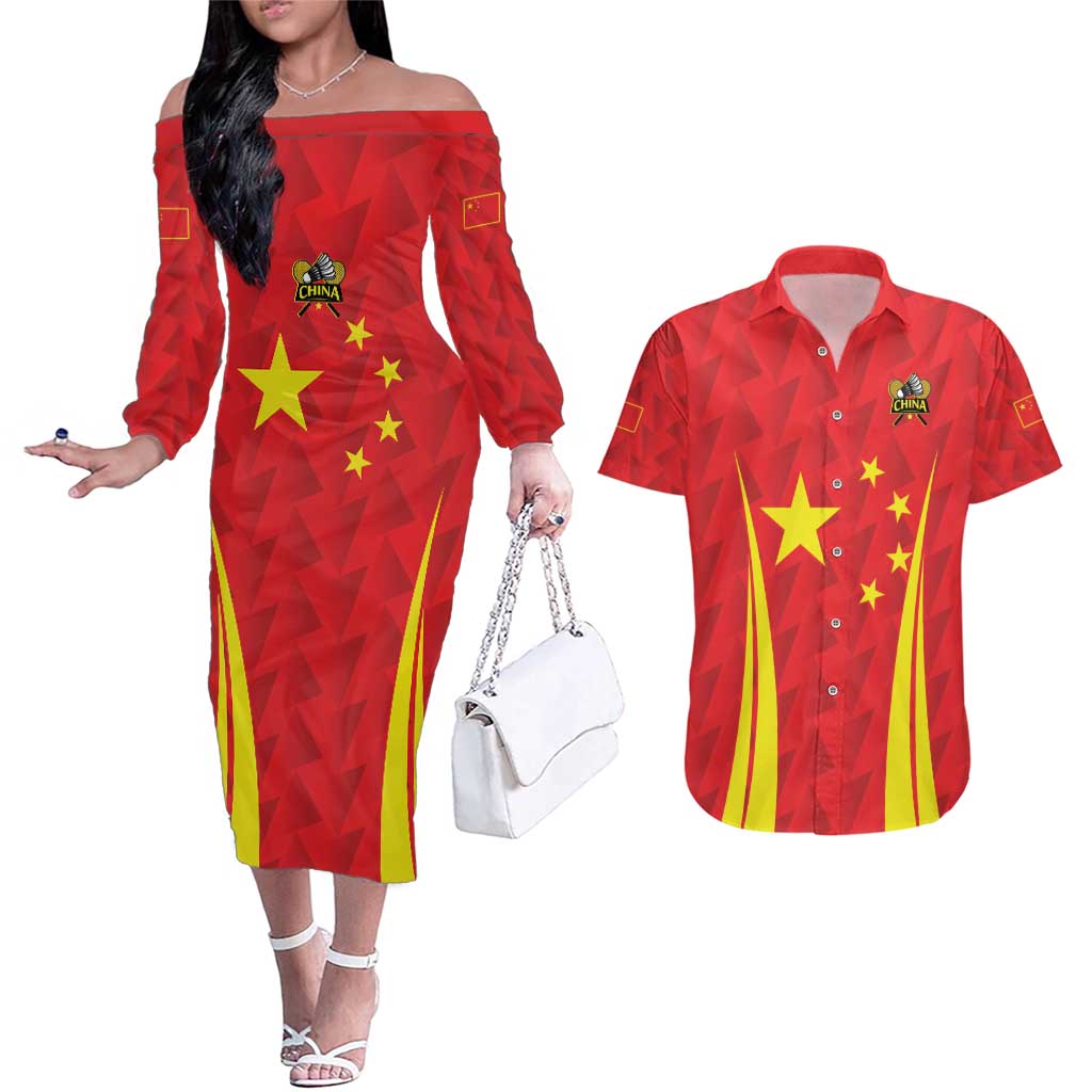 Personalised China Badminton Couples Matching Off The Shoulder Long Sleeve Dress and Hawaiian Shirt 2024 Sporty Red Version - Wonder Print Shop