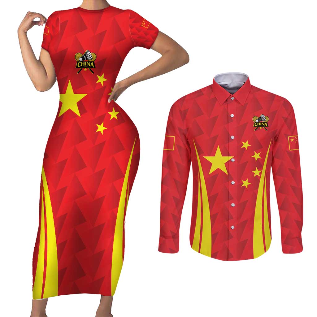 Personalised China Badminton Couples Matching Short Sleeve Bodycon Dress and Long Sleeve Button Shirt 2024 Sporty Red Version - Wonder Print Shop