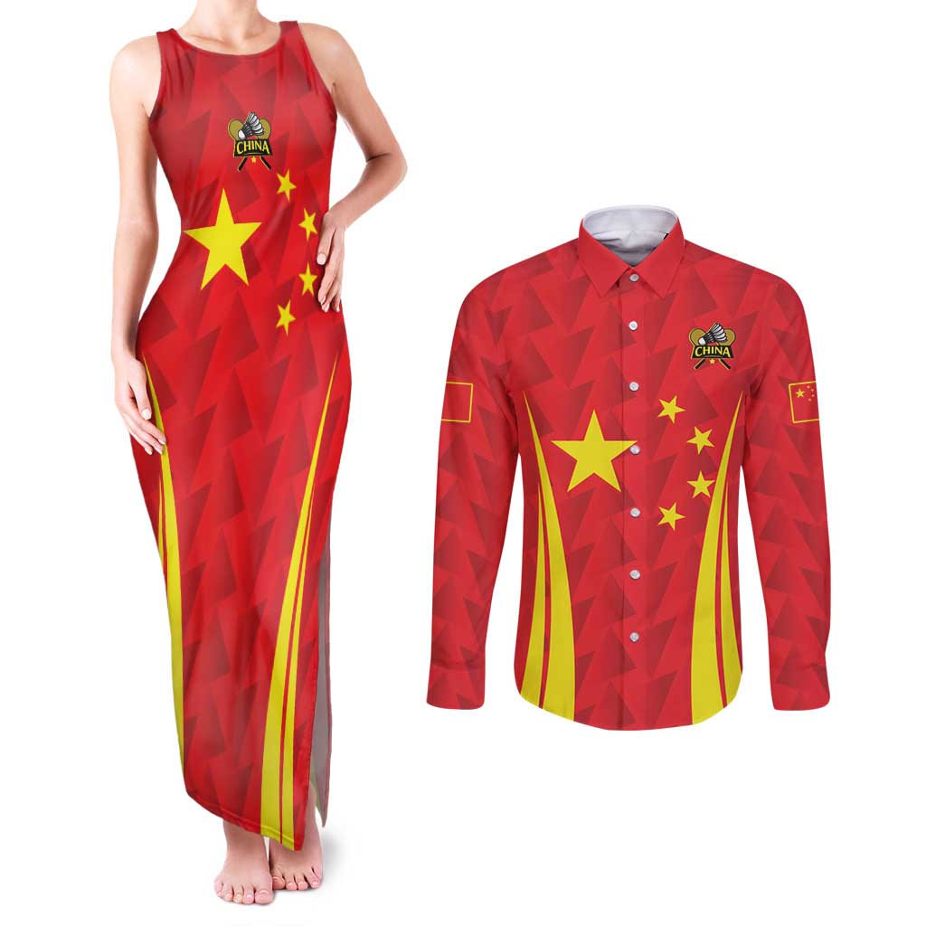 Personalised China Badminton Couples Matching Tank Maxi Dress and Long Sleeve Button Shirt 2024 Sporty Red Version - Wonder Print Shop