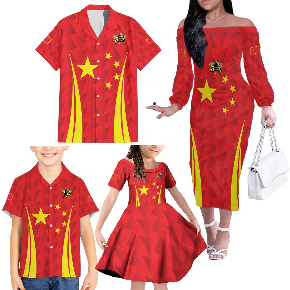 Personalised China Badminton Family Matching Off The Shoulder Long Sleeve Dress and Hawaiian Shirt 2024 Sporty Red Version - Wonder Print Shop