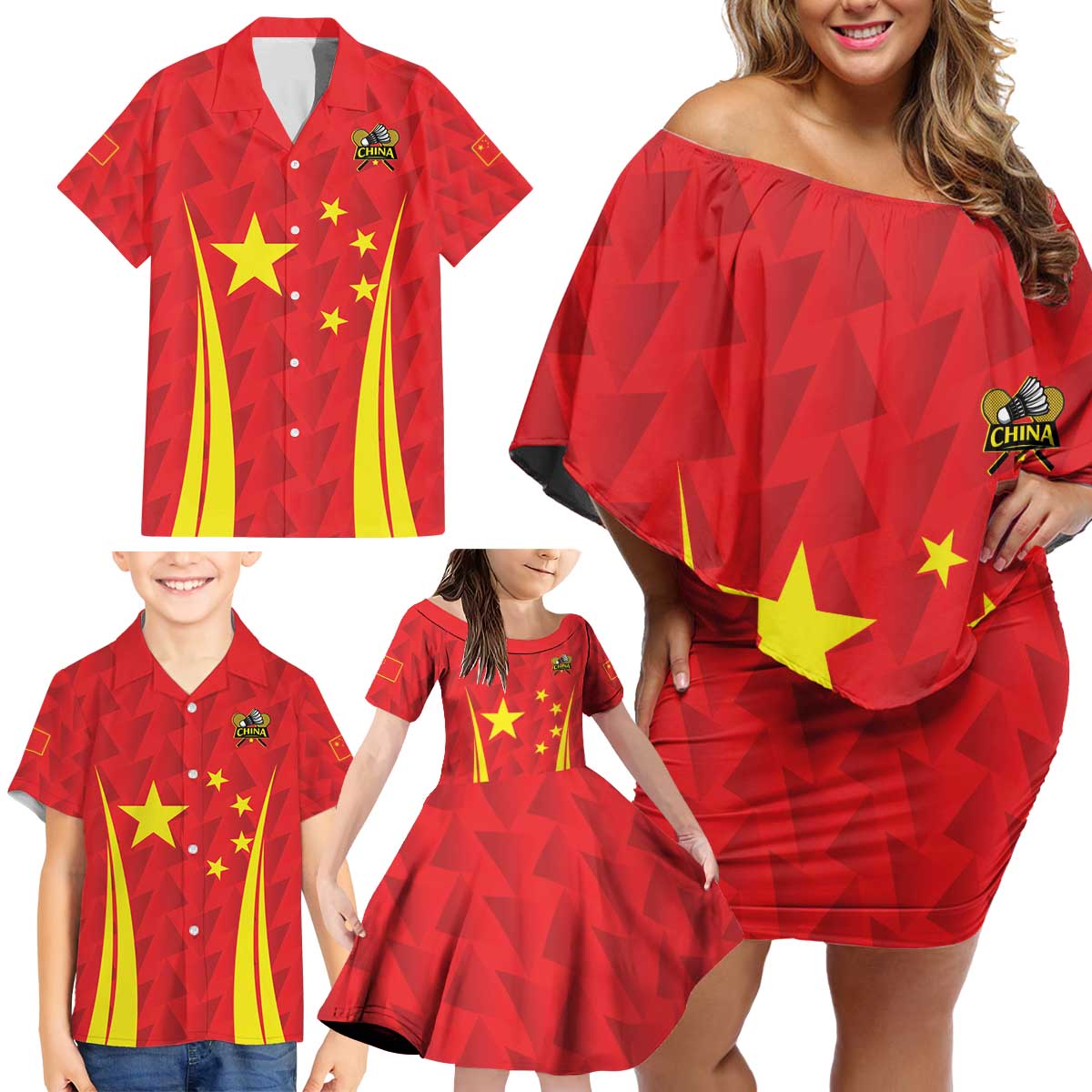 Personalised China Badminton Family Matching Off Shoulder Short Dress and Hawaiian Shirt 2024 Sporty Red Version - Wonder Print Shop