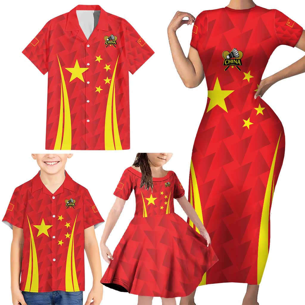 Personalised China Badminton Family Matching Short Sleeve Bodycon Dress and Hawaiian Shirt 2024 Sporty Red Version - Wonder Print Shop