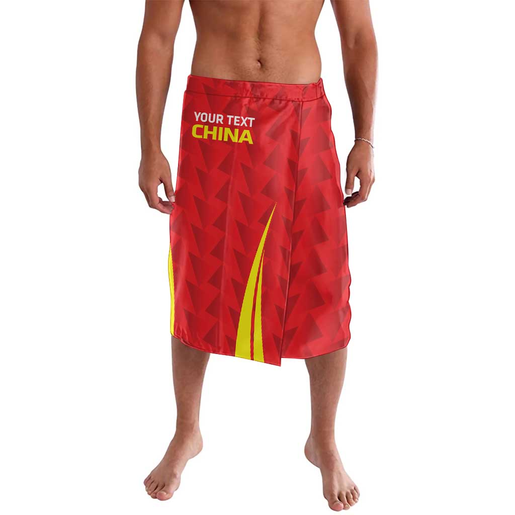 Personalised China badminton shorts, red with elastic waistband, yellow stripe, logo text