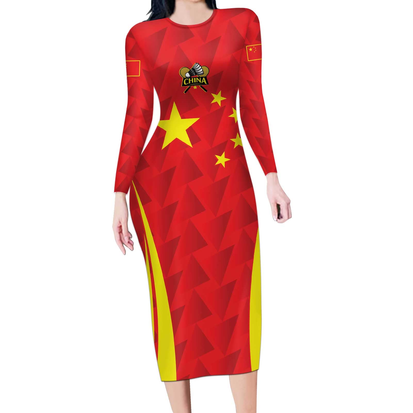 Personalised China Badminton Long Sleeve Bodycon Dress 2024 Sporty Red Version - Wonder Print Shop